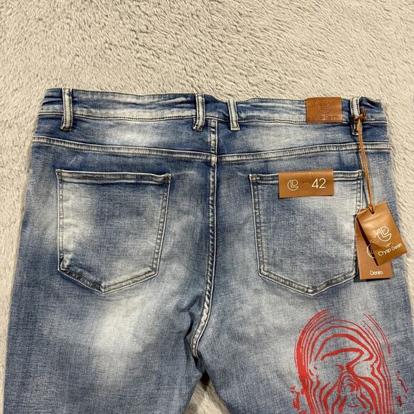 Crysp Denim Jeans Mens 42 Graffiti Art Graphic Distressed Pants Written Indigo 4 - Picture 11 of 16